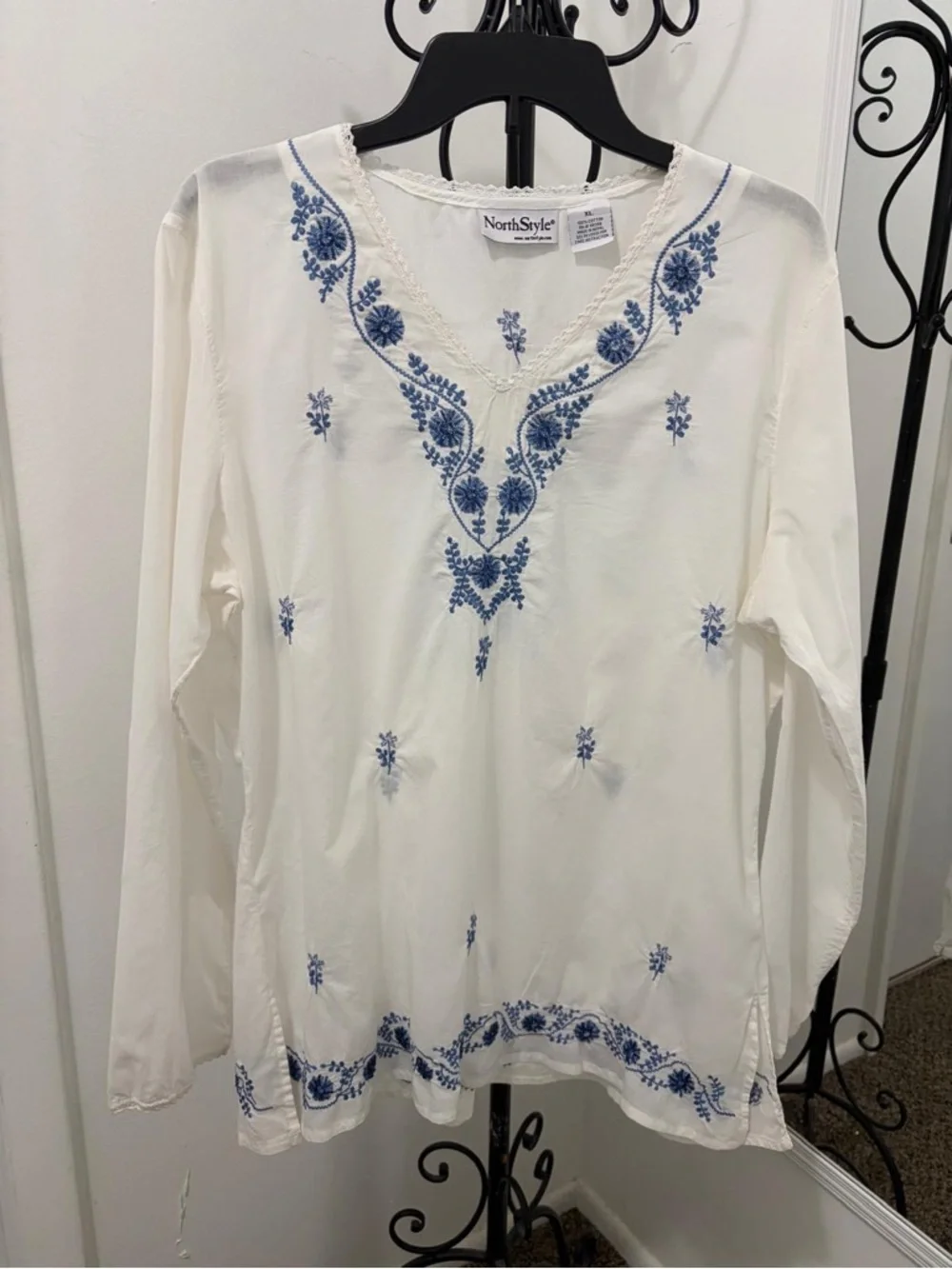 NorthStyle White Tunic with Blue Floral Embroidery - Picture 1 of 6